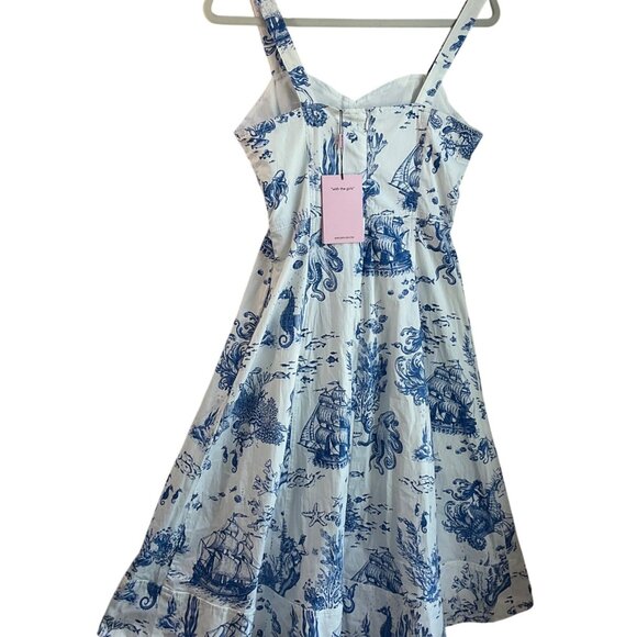 New Avec Les Filles 6 Blue White Toile Sea Creatures Mermaid Seahorse Midi dress - Picture 4 of 16